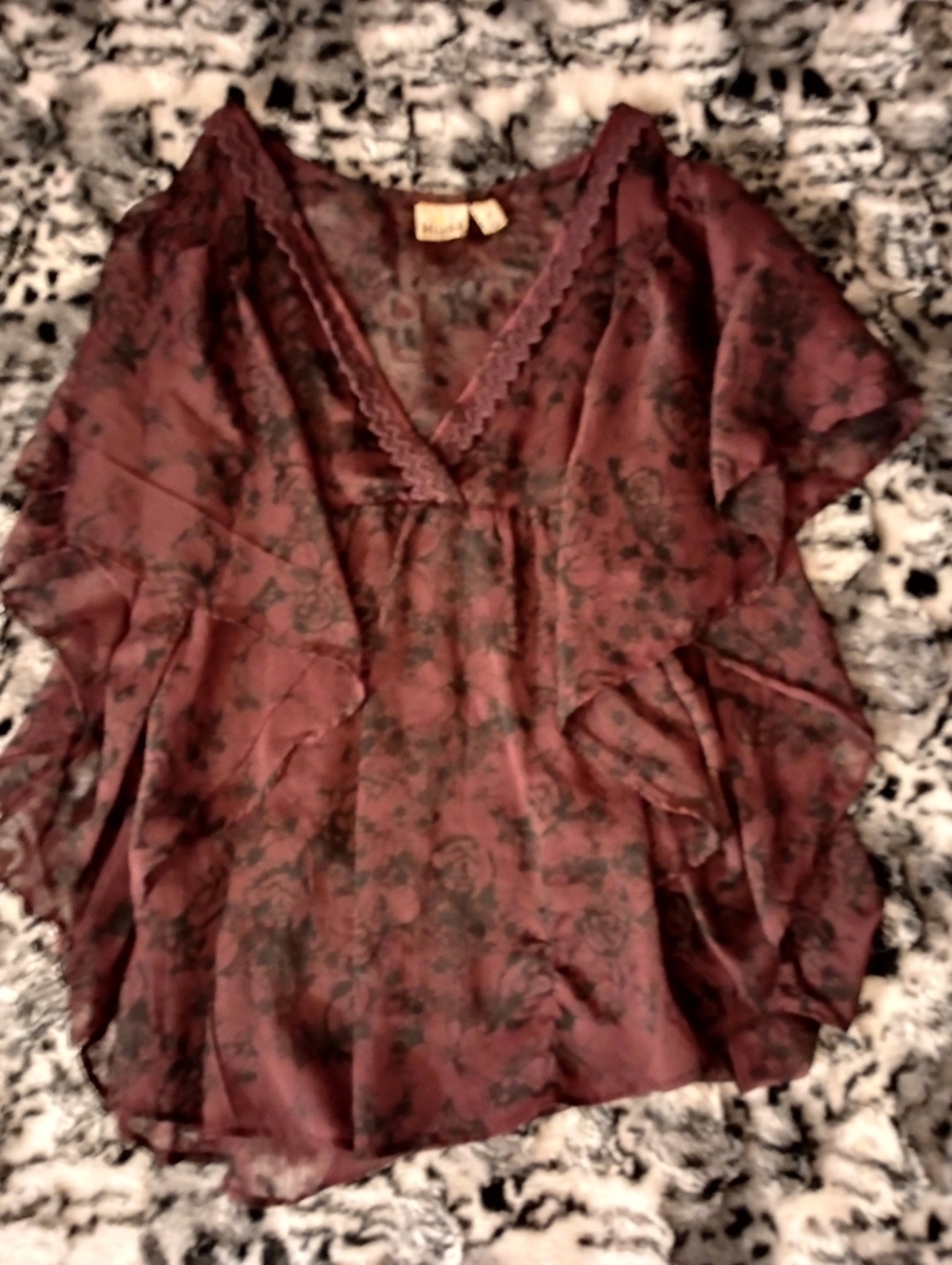 Boho Batwing V-Neck Rose Floral Sheer Top - Burgundy & Black Women's